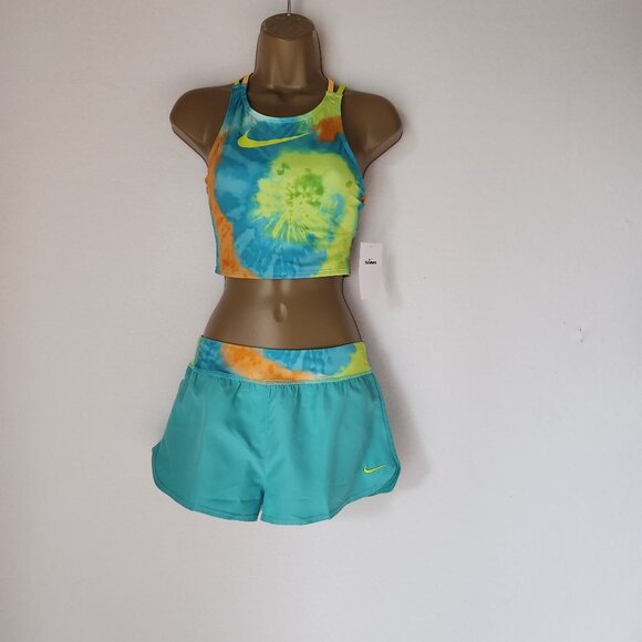 NWT Nike Girl's 2 Piece Tie Dye Spiderback Mid-Bikini Short Set Multicolor